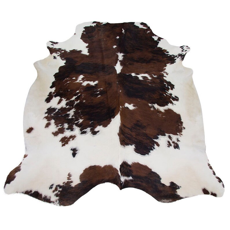 May include: A brown and white cowhide rug with a natural, spotted pattern. The rug is soft and fluffy, and would add a touch of rustic charm to any room.