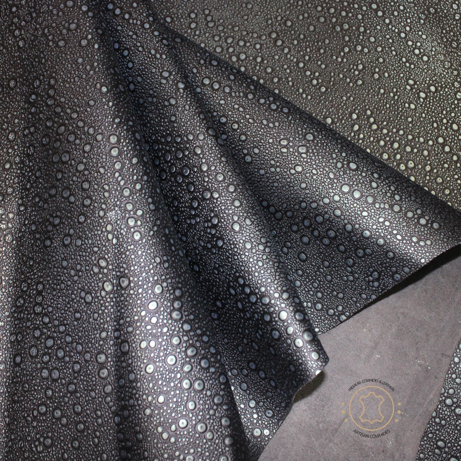 Embossed LEATHER Sheets, Rain Drops Embossed Leather Black Gold