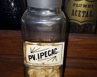 PV. IPECAC. Antique Apothecary bottle, Ipecac Powder 1870's
