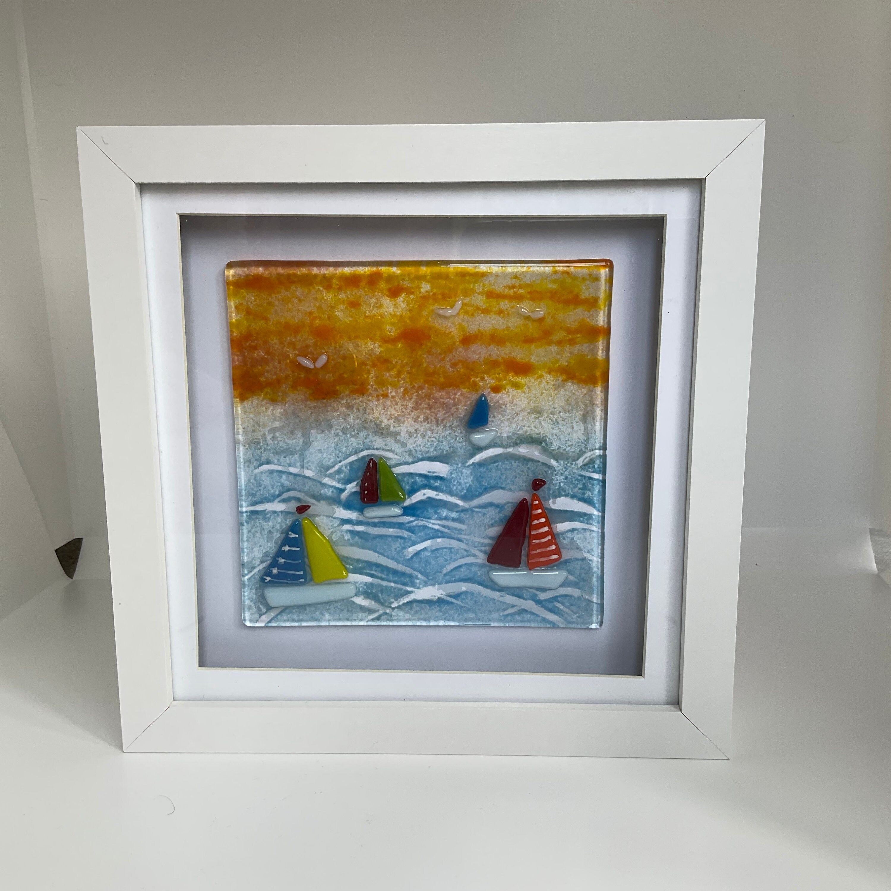 Framed Sea Yacht Scene . Summer Sky and Colourful Yachts in Fused Glass