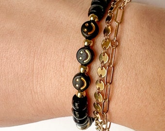 Cute black smiley bracelet, white smiley friendship bracelets, silver and black friendship bracelets, custom smiley face bracelets, smiley