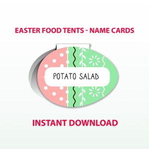 May include: Printable Easter food tent name cards with a pastel pink and green egg design. The text "POTATO SALAD" is on the card.