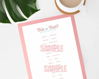 Juegos de fiesta nocturna para niñas, juego de fiesta Este o aquel, juego de Galentines, juego imprimible de despedida de soltera, juego de pijamas fácil, juego de baby shower