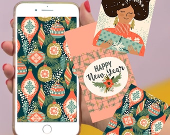 Diversión Navidad &Año Nuevo Teléfono Lock Screen Wallpaper Bundle de tres, fondos de pantalla del teléfono para Navidad, fondos de pantalla del teléfono de vacaciones, lindo
