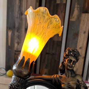 Vintage 90s Bronze Goddess & Cherub Lamp/Mirror Light, Art Nouveau Reproduction, Yellow Tulip Lampshade, Luminaire, 17&quot; tall Vanity Mirror