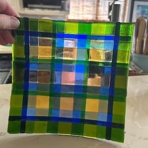 A Fused Art Glass Curved Plate  Basket Weave Design in Blue Green & Yellow. 8” x 8” Next Wave Glass, Decorative or Serving Plate