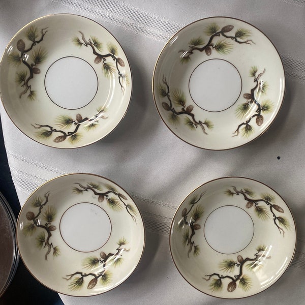 Vintage 1950s Four Shasta Pine Dinner Bowls, For Fruit, Dessert, Sauces, by Narumi, made in Japan, Pine Cone Foliage Design with Gold Rims