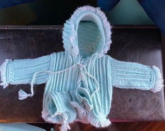 Hand Knit Newborn Aqua Blue Sweater Set, Hooded Sweater & Booties, Newborn Clothes, Old Fashioned Baby, Layette, Handmade baby outfit