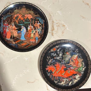 Two Russian Folklore Collector Plates, Russian Legends Series titled &quot;Morozko”& &quot;The Legend of the Snowmaiden” In Detailed 18kt Gold Accents