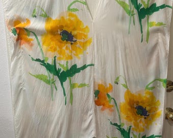 Jams World Archives Caftan Dress in White w/Yellow Flowers, Flowy Lightweight Rayon,One Size, Art To Wear