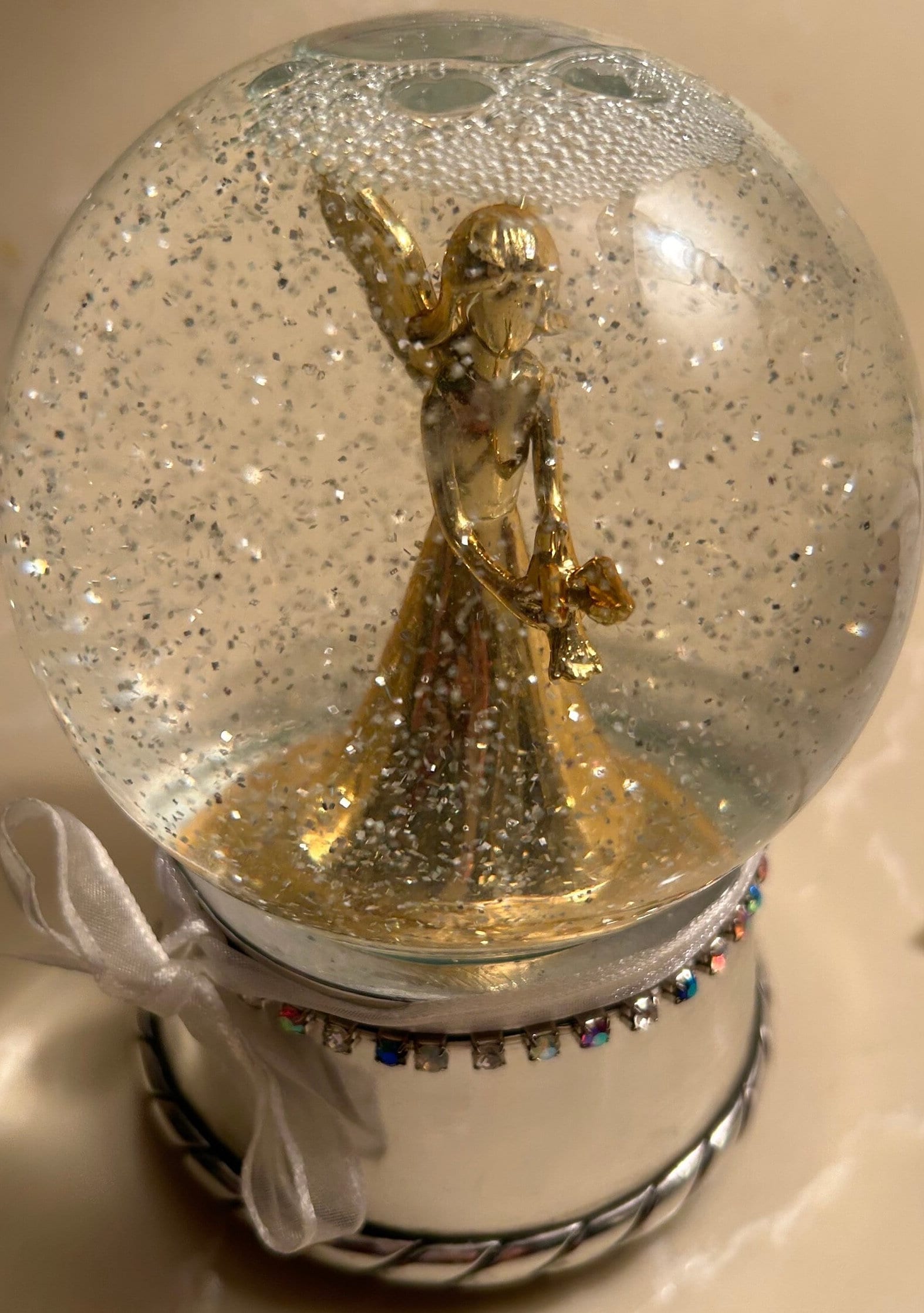 GOLD LIGHTED WATER GLOBE SNOW GLOBE GLITTER WITH CROSS OF HOPE