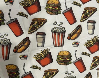Neuer Fast Food Stoff, leichtes Canvas-Gewebe mit Hot Dogs, Hamburgern, Pommes Popcorn und mehr! Es misst 38 cm breit x 61 cm lang