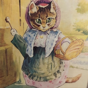 Vintageinramad katten Ribby - Beatrix Potter-tryck "Sagan om pajen och patty-pannan" 43 x 50 cm Nyckfull, antropomorf katt, gröna ögon