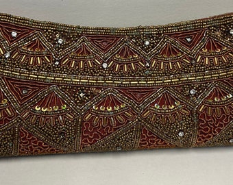 Heavily Gold Beaded Handbag Clutch Purse, Vintage w/ Two Snap Closure, Red Satin Lining, 10.5” x 4.5” Most Cell Phones Fit