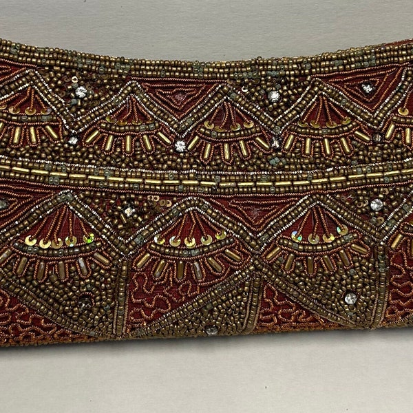 Heavily Gold Beaded Handbag Clutch Purse, Vintage w/ Two Snap Closure, Red Satin Lining, 10.5” x 4.5” Most Cell Phones Fit