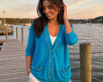 Vtg. NWT 1980s Peter Popovitch Aqua Velour Cardigan Unisex Aqua Guziki Złote wykończenia Rękawy 3/4 Pasuje do rozmiaru L (kobiety)