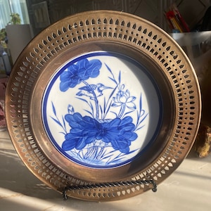 Vintage Thai Blue & White Porcelain Plate w/ Blue Bird, Floral Design and Reticulated Brass Surrounds Plate. Lovely Wall Hanging 12” Round