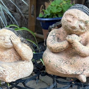 Two Mexican Clay Pottery Sculptures  Folk Art Gordas Mother & Child Seated, Long Black Braids, Mexican Indigenous Art Vintage Handmade