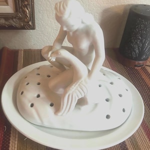 White Leda and The Swan Van Briggle Pottery Flower Frog Console Set Figurine w/ Oval Shallow Bowl/Plate Underneath. Vintage 1960s