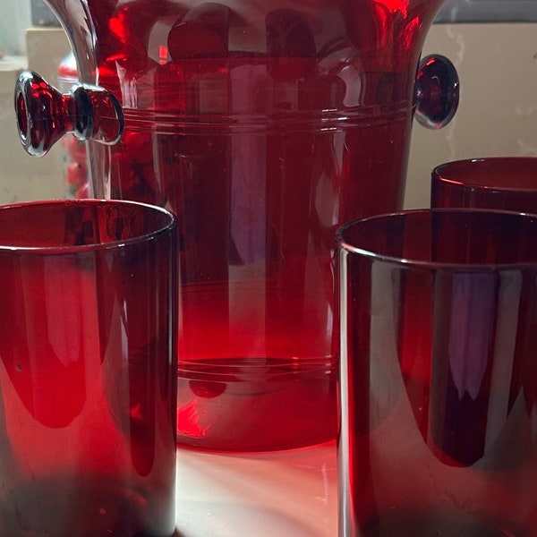 Vintage Ruby Red Barware, Four 5” tall Red Glasses & Red Acrylic Ice Bucket w/Handles 8.5” tall Cocktail Barware, Sophisticated Cocktail set
