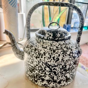 Op de afbeelding: Een gespikkelde emaille theepot met een zwart-wit patroon. De theepot heeft een gebogen tuit, een deksel met een kleine handgreep en een grote gebogen handgreep. De achtergrond is wazig, maar lijkt een keukenomgeving te zijn.