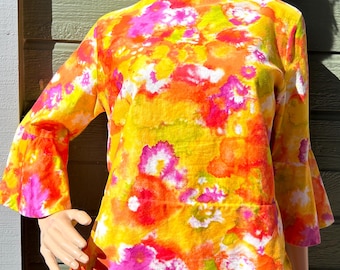 1970s Watercolor Style Top in Bright Orange, Yellow, Purple Print Eye Catching Bell Half Sleeves and a Button-Back Closure. By Capri Co.