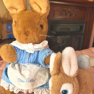 Two 1980s Soft Bunnies-Mrs. Rabbit Beatrix Potter-Blue Dress/Apron 11” Eden & Applause Blue Eyed Baby Bunny Tan/White w/Blue Tail 6”long