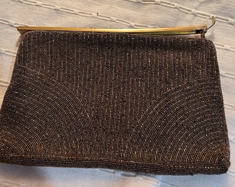 Vintage Walborg Brown/Copper Beaded Clutch Purse – Hand Made in Belgium, Unique Clasp. Lined W/ Silky Copper Fabric and Original Mirror.