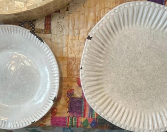 Two Vintage Vietri Incanto White Striped Stone Dinner Plates 11.5" & 8.75” from the Vietri Incanto Stripe Collection Made in Italy