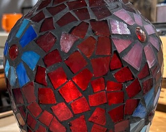 Lovely Vintage Stained Glass Mosaic Vase, Large, Round Shape, Colorful Design, Red Home Decor, Pier 1 Imports, Floral Design Vase