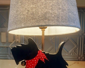 Vtg Black Scotty Dog Lamp w/Gray Textured Lampshade Wooden Dog is Wearing Polka Dot Red Bandana w/Bell Around Neck. MCM Novelty Lamp Works!