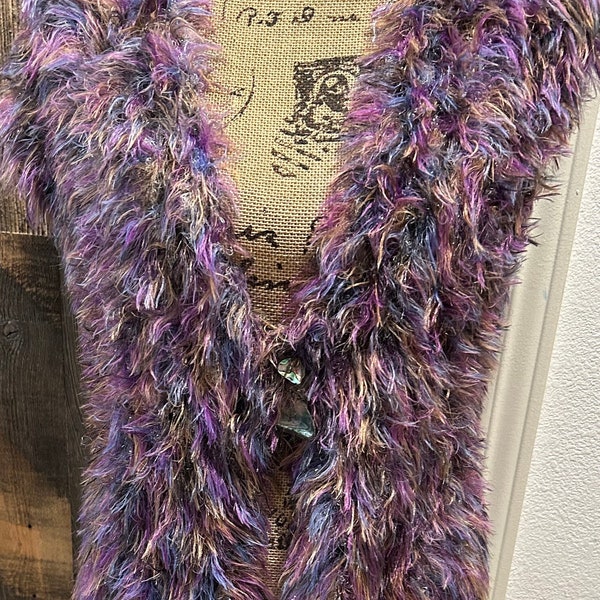 Gorgeous Lavender/Purple Crochet Vest, Eyelash Yarn W/Abalone Closure, Measures to Size Large, Has Stretch, Very Soft, Lightweight, Packable