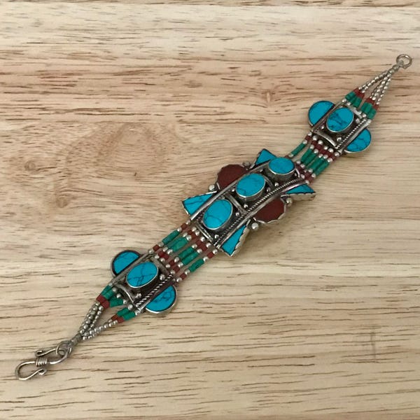 Tibetan Turquoise Coral Cuff Bracelet