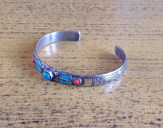 Signed Vintage Native American Navajo Washburn Turquoise Coral Sterling Silver Bracelet Signed Vintage Native American Navajo Washburn Turquoise Coral Sterling Silver Bracelet