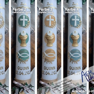 Communion candle QUINN© circles | 5x COLOR CHOICES Ready including labeling | 40 x 4 cm white including cardboard dangling cross TAUPE boy girl cross chalice