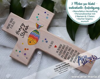 Taufkreuz Kinderkreuz klein REGENBOGEN oder Regenbogenfisch modern | Farbwahl | Irischer Segenswunsch | Meine Taufe | personalisierbar