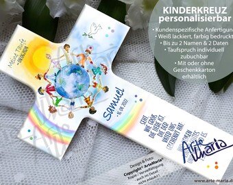 Taufkreuz / Kinderkreuz SAMUEL© Kinder der Welt | Regenbogen | Erdball | Friedenstaube | verschiedene Ethnien | personalisierbar | Farbwahl