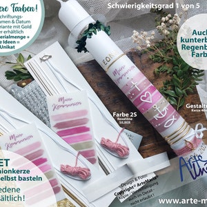 DIY Kommunionkerze BASTELSET LEONA© bunte Streifen 12 Farben zur Wahl selbst basteln | Mädchen Junge | Echtes Wachsbild! Keine Kerzenfolie!
