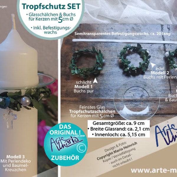 TROPFSCHUTZ Set für 5 cm Ø Kommunionkerzen / Tropfenfänger Glas transparent Tröpfchenfänger inkl. Buchskränzchen / Blattkranz filigran