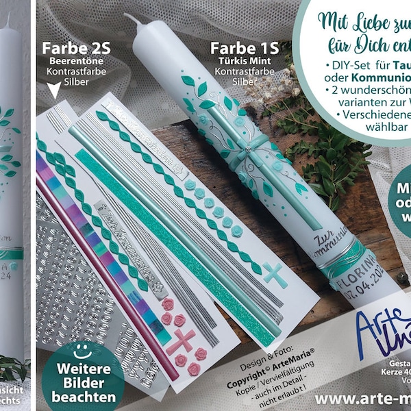 DIY BASTELSET Taufkerze oder Kommunionkerze / FLORINA© Lebensbaum Röschen Blätter Babyfüßchen Mint Pastell Beeretöne Mädchen Taufe Kommunion