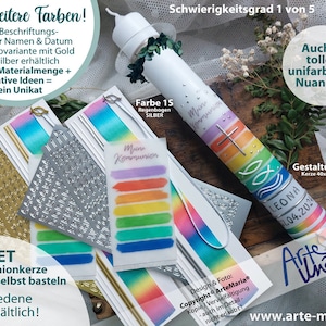 DIY Kommunionkerze BASTELSET LEONA© bunte Streifen 12 Farben zur Wahl selbst basteln Mädchen Junge Echtes Wachsbild Keine Kerzenfolie 1S Regenbog.Silber