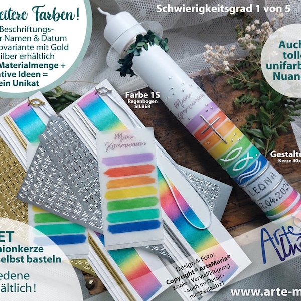 DIY Kommunionkerze BASTELSET LEONA© bunte Streifen 12 Farben zur Wahl selbst basteln | Mädchen Junge | Echtes Wachsbild! Keine Kerzenfolie!