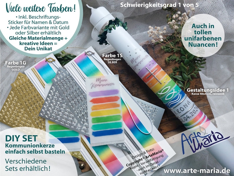 DIY Kommunionkerze BASTELSET LEONA© bunte Streifen 12 Farben zur Wahl selbst basteln Mädchen Junge Echtes Wachsbild Keine Kerzenfolie Bild 2