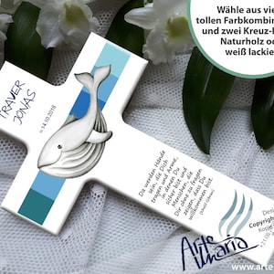 Taufkreuz Weiß WAL Walfisch Traver© Name&Datum personalisiert / Eigener Taufspruch optional zubuchbar Junge, Mädche Patengeschenk Geschenk Bild 1