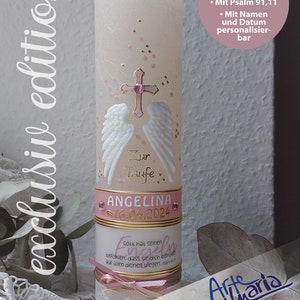 Ready-made baptism candle for girls | Angel wings | Angel | Psalm 91,11 | can be personalized with name and date | Rustic candle 25 x 7 cm ivory