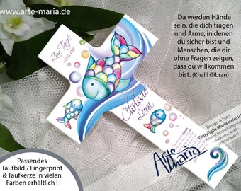 Zauberhaftes Taufkreuz CHRISSIE© personalisiert: Name, Datum, Taufspruch / Fisch Blau Patengeschenk, Taufgeschenk Türkis Blau Regenbogen