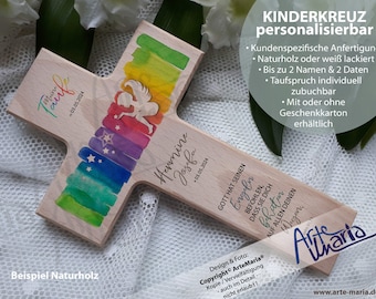 Taufkreuz Kinderkreuz „Schutzengel Hermine©“  FARBWAHL Name Datum Taufspruch Geschenk Taufe Kommunion Geburt | Engel Regenbogen bunt kräftig