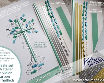 May include: A DIY craft kit for candle decoration featuring wax strips, small fish, leaf, and flower shapes in mint, turquoise, silver, and gold. The set includes a design example of a cross and tree, along with sheets of alphabet stickers.