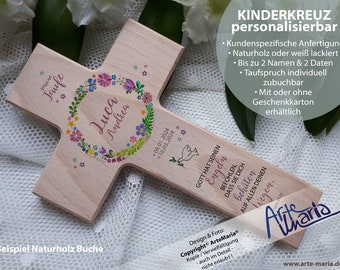 Taufkreuz Kinderkreuz „Blütenkranz Luca©“ FARBWAHL Name Datum Taufspruch Geschenk Taufe Kommunion Geburt Blattkranz Schweden-Blumen Pastell