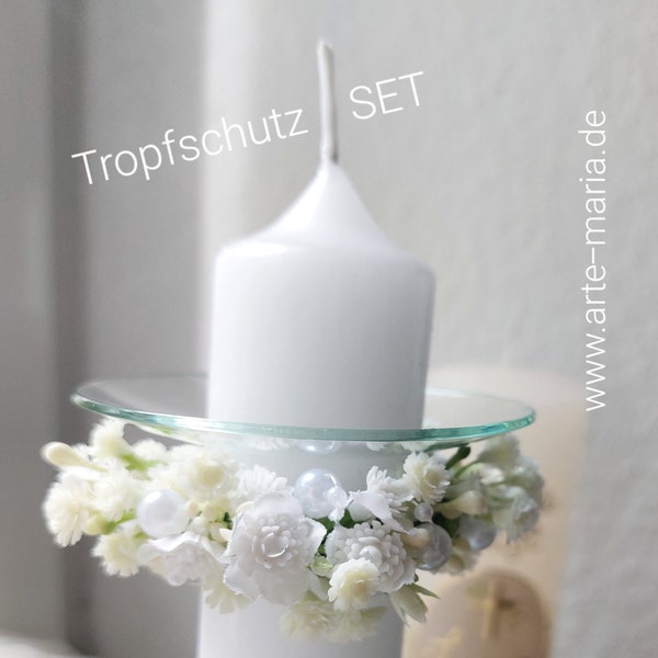 TROPFSCHUTZ Set Blüte und Perlen 4 cm Ø Kommunionkerzen Tropfschale Glas Tröpfchenfänger & textiles Schleierkraut + künstl. Buchskränzchen